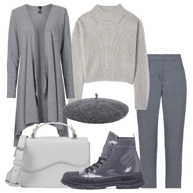 Outfit donna - Grigio casual. Stile Casual per Tutti i giorni. Abbinamento con pantaloni, borse a mano, cappelli, cardigans, maglieria, anfibi.