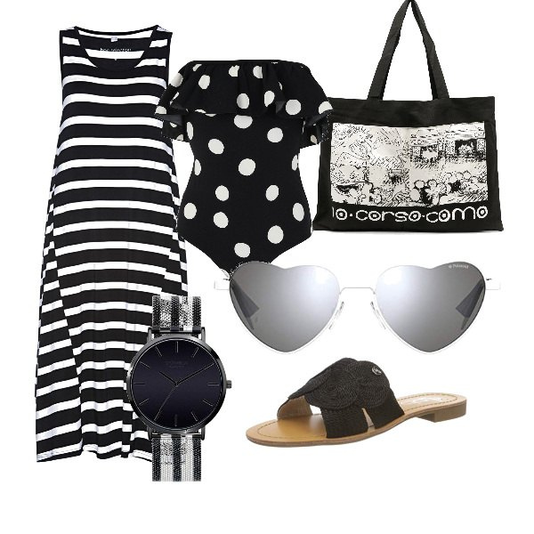 Outfit donna - Curvy da mare. Stile Casual per Mare. Abbinamento con vestiti midi/longuette, costumi interi, borse tote, occhiali da sole, ciabatte, orologi analogici.