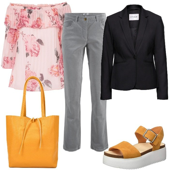 Outfit donna - Abbina la camicia in febbraio. Stile Casual chic per Tutti i giorni. Abbinamento con blazer, pantaloni, camicie, borse a mano, sandali col tacco.
