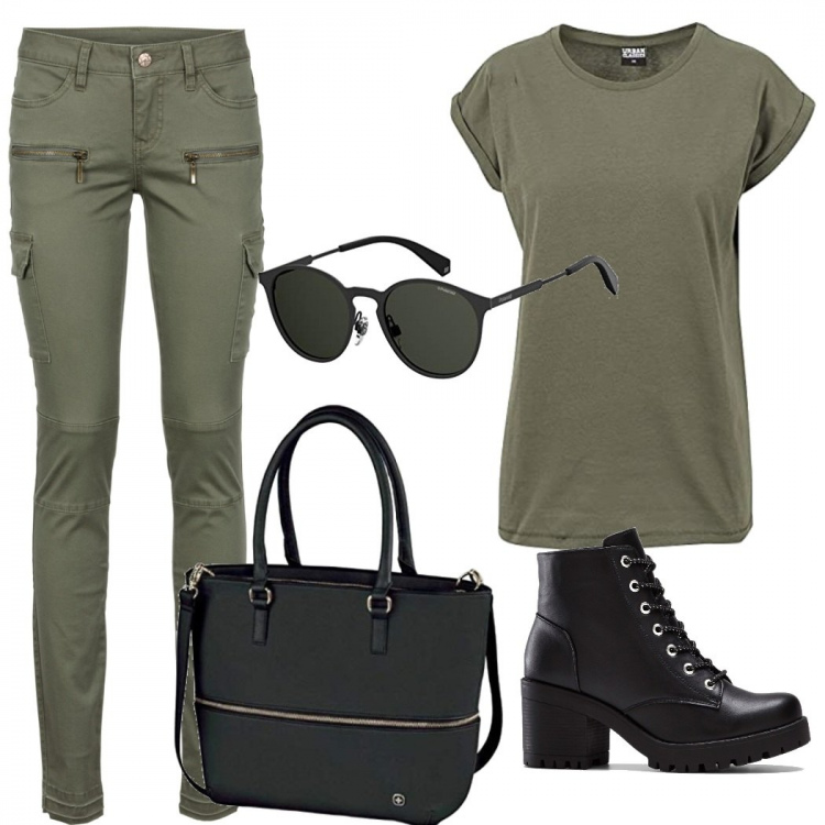 Outfit donna - My adventure. Stile Military per Tutti i giorni. Abbinamento con pantaloni cargo, stivaletti, t-shirt, occhiali da sole, zaini.