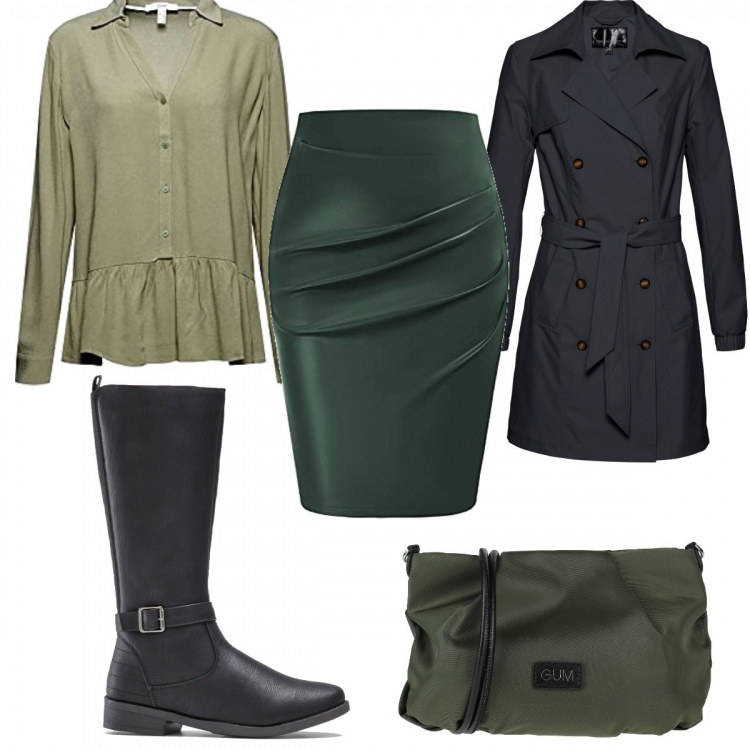 Outfit donna - Military e chic. Stile Military per Tutti i giorni. Abbinamento con stivali, trench, borse a tracolla, minigonne, camicie.