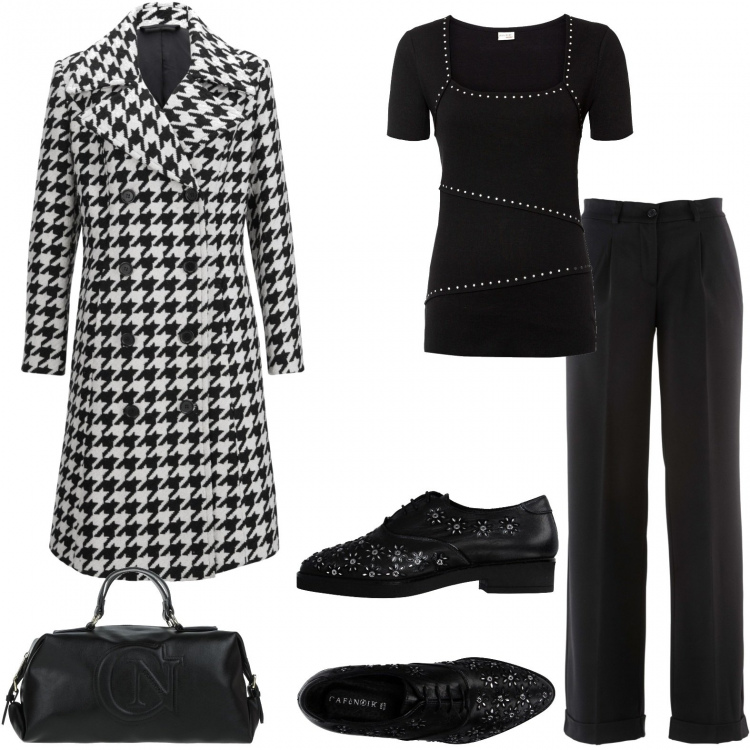 Outfit donna - Cena dalla mia amica. Stile Casual chic per Serata fuori. Abbinamento con pantaloni, maglieria, cappotti, scarpe stringate, borse a mano.
