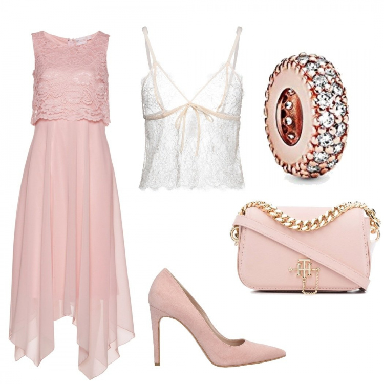 Outfit donna - Cerimonia in rosa. Stile Chic per Cerimonia. Abbinamento con vestiti midi/longuette, reggiseni, décolleté, borse a tracolla, braccialetti.