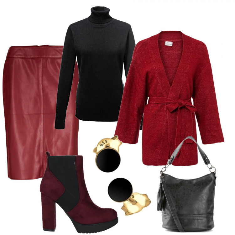 Outfit donna - In ufficio. Stile Casual chic per Ufficio. Abbinamento con maglieria, gonne, maglieria, borse a tracolla, stivaletti, orecchini.