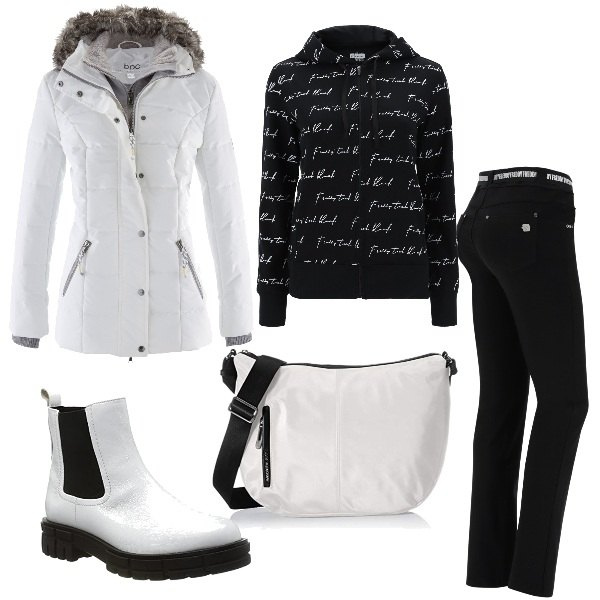 Outfit donna - Una giornata in montagna. Stile Casual per Tutti i giorni. Abbinamento con piumini, pantaloni, felpe con cappuccio, stivaletti, borse a spalla.