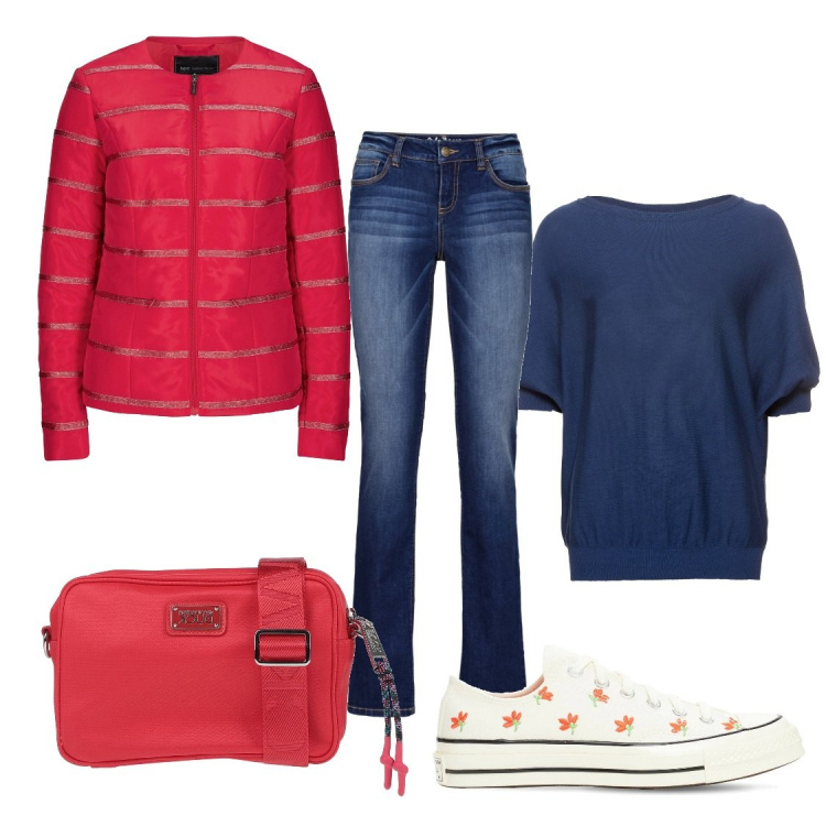 Outfit donna - Trapuntata rossa. Stile Casual per Tutti i giorni. Abbinamento con maglieria, giacche, jeans dritti, borse a tracolla, sneakers.