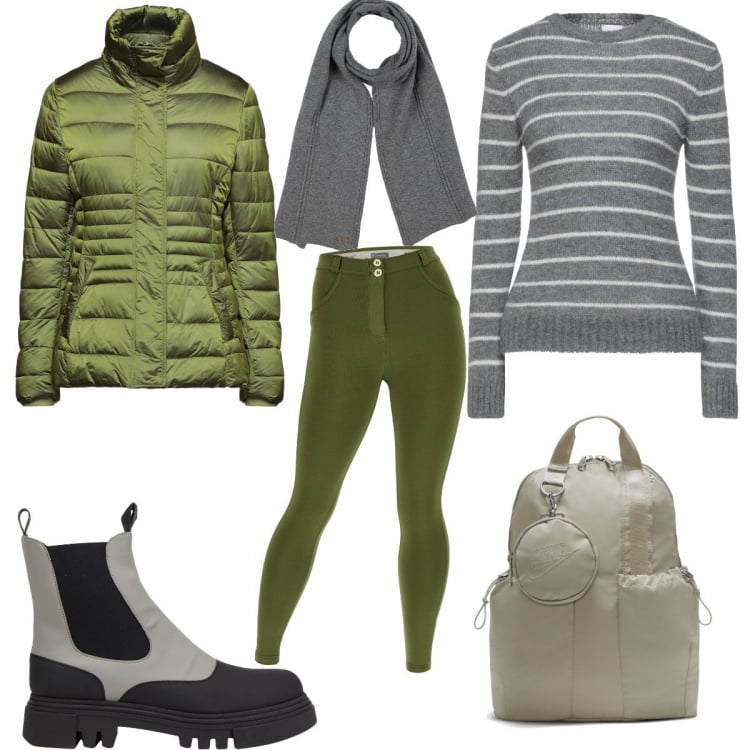 Outfit donna - Trendy e sportiva. Stile Trendy per Tutti i giorni. Abbinamento con pullovers, piumini, sciarpe, anfibi, pantaloni skinny, zaini.