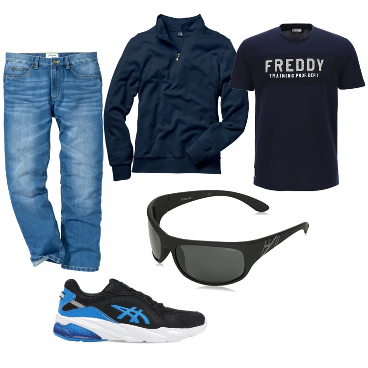 Outfit uomo - Tempo libero in blu. Stile Casual per Tutti i giorni. Abbinamento con felpe, jeans dritti, t-shirt, sneakers, occhiali da sole.
