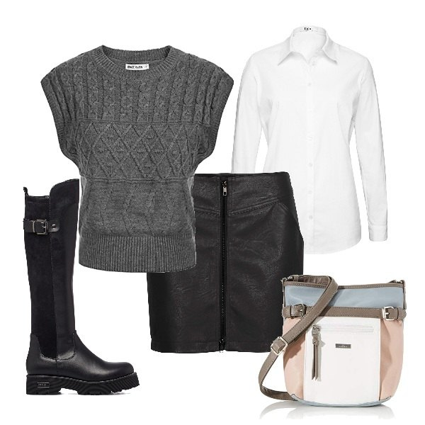 Outfit donna - Maglioncino mezze maniche. Stile Basic per Scuola/Università. Abbinamento con camicie, minigonne, stivali, gilet, borse a tracolla.
