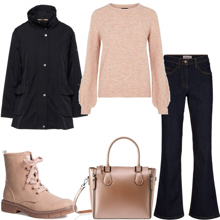 Outfit donna - Anfibi rosa. Stile Casual per Ufficio. Abbinamento con jeans bootcut, cappotti, maglieria, stivali, borse a spalla.