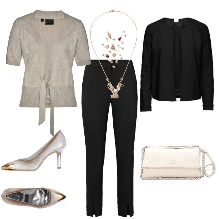 Outfit donna - Elegante nero e oro. Stile Chic per Serata fuori. Abbinamento con blazer, cardigans, pantaloni, ciondoli, décolleté, borse a tracolla.