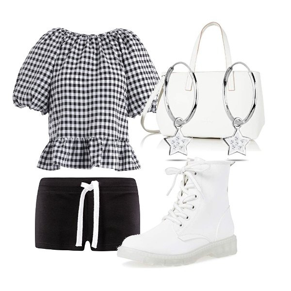Outfit donna - Total look #1279968. Stile Casual per Tutti i giorni. Abbinamento con bluse, orecchini, borse tote, stivali, pantaloni corti.