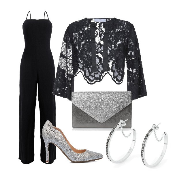 Outfit donna - Total look #1279972. Stile Romantica per Serata fuori. Abbinamento con tute, blazer, orecchini, décolleté, pochette.
