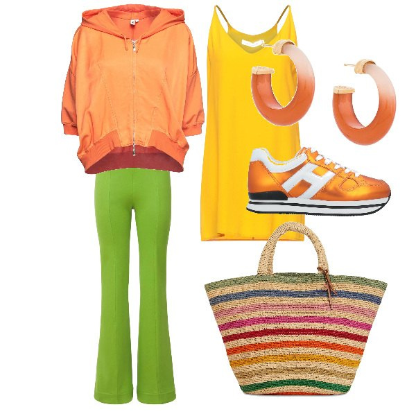 Outfit donna - Total look #1279976. Stile Sporty chic per Tutti i giorni. Abbinamento con sneakers, felpe con cappuccio, top, orecchini, pantaloni, shopping bag.
