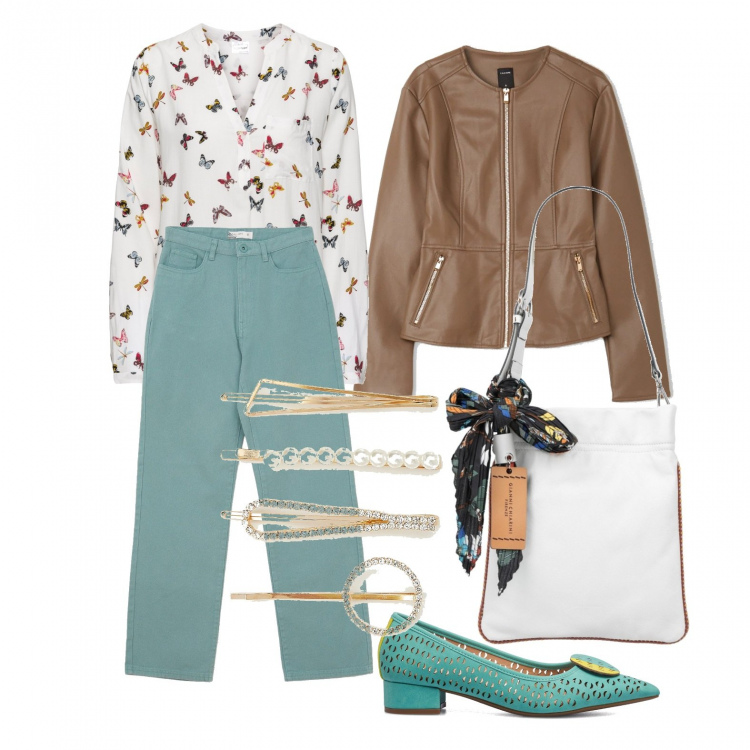 Outfit donna - Zia in arrivo. Stile Casual chic per Tutti i giorni. Abbinamento con bluse, borse a spalla, giacche, pantaloni, accessori per capelli, décolleté.