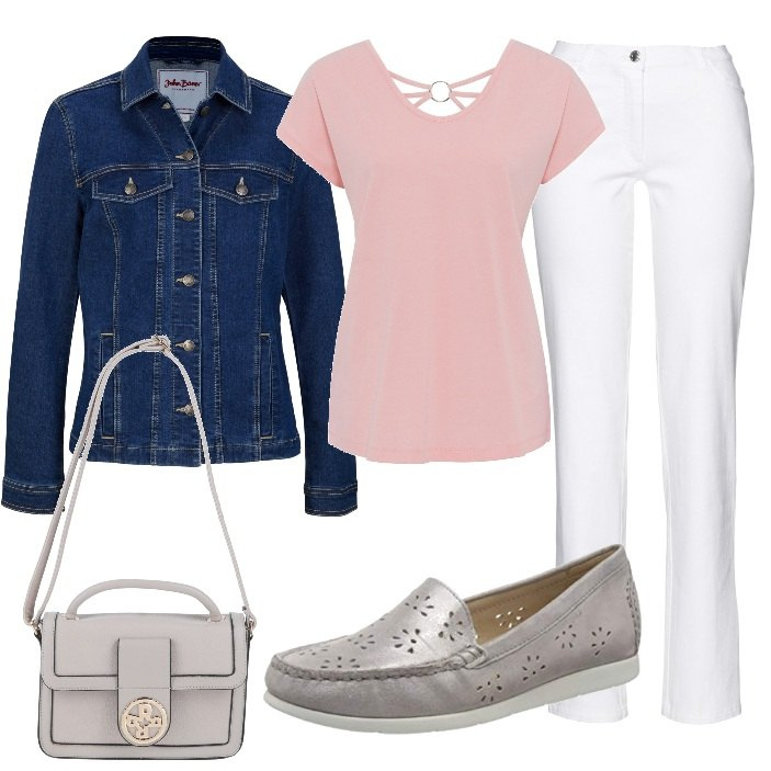 Outfit donna - Rosa si anche in versione casual. Stile Casual chic per Tutti i giorni. Abbinamento con pantaloni, maglieria, blazer, borse a mano, mocassini.