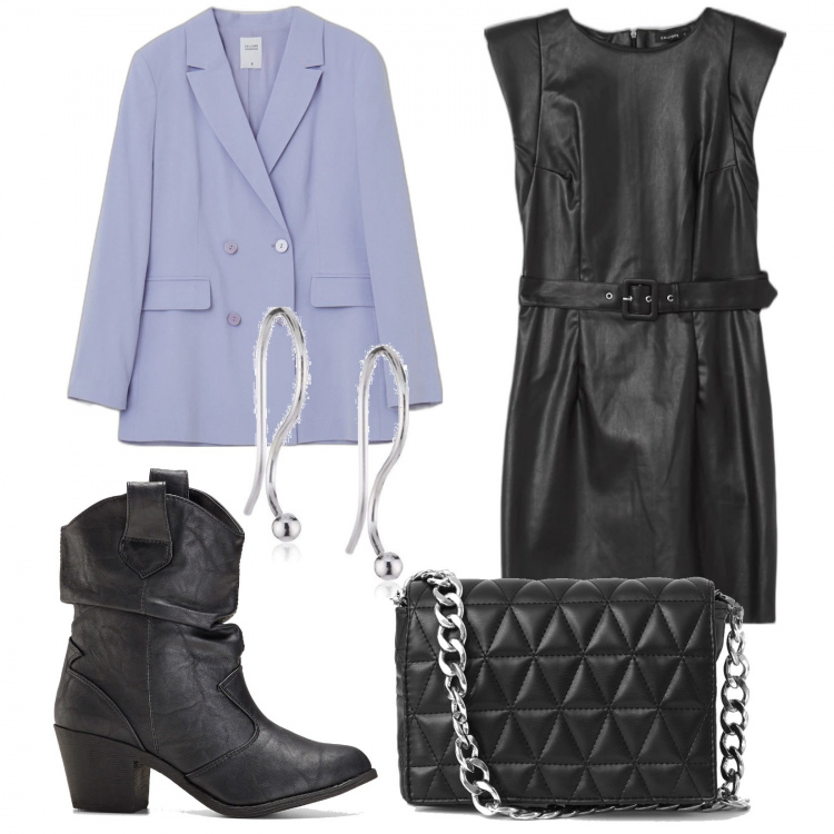 Outfit donna - Budget friendly. Stile Casual chic per Serata fuori. Abbinamento con stivaletti texani, giacche, vestiti corti, borse a spalla, orecchini.