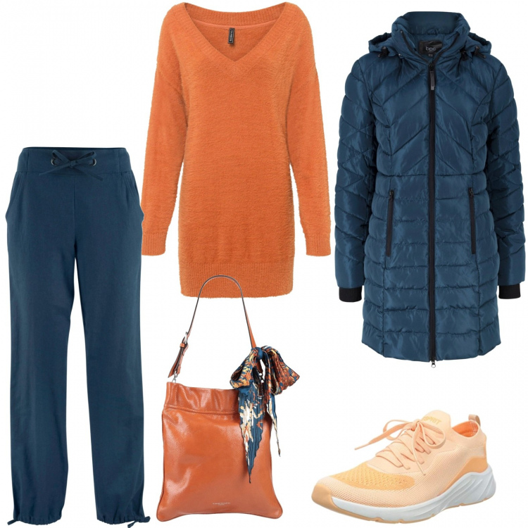 Outfit donna - Il piumino blu. Stile Basic per Tutti i giorni. Abbinamento con cappotti, maglieria, pantaloni, borse a spalla, sneakers.