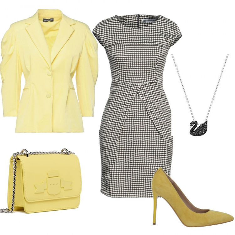 Outfit donna - Total look #1280366. Stile Chic per Ufficio. Abbinamento con décolleté, vestiti corti, blazer, ciondoli, borse a spalla.