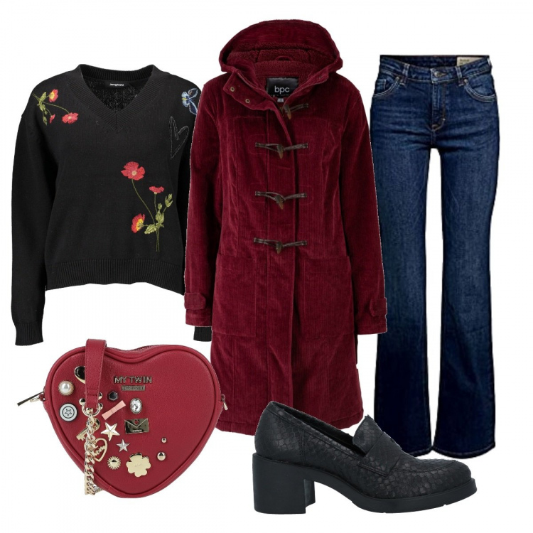 Outfit donna - Una Borsa a Forma Di Cuore. Stile Casual per Tutti i giorni. Abbinamento con montgomery, mocassini, borse a tracolla, maglieria, jeans bootcut.
