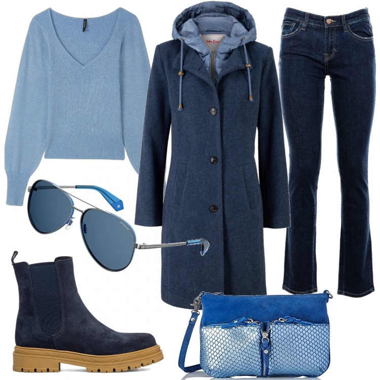 Outfit donna - Il cappottino imbottito. Stile Basic per Tutti i giorni. Abbinamento con cappotti, jeans skinny, pullovers, stivaletti, borse a tracolla, occhiali da sole.