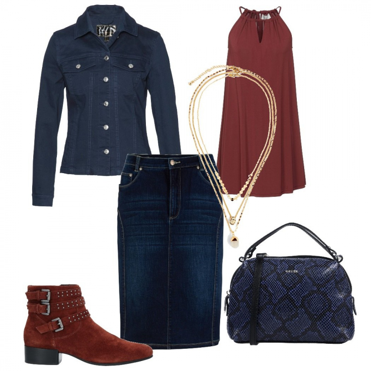 Outfit donna - Casual chic #4398. Stile Casual chic per Serata fuori. Abbinamento con gonne, blazer, ciondoli, vestiti corti, stivaletti, borse a mano.
