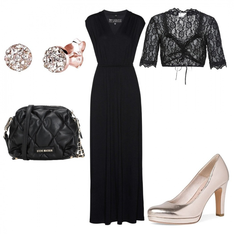 Outfit donna - Budget friendly per la sera. Stile Chic per Serata fuori. Abbinamento con borse a tracolla, vestiti lunghi, camicie, décolleté, orecchini.