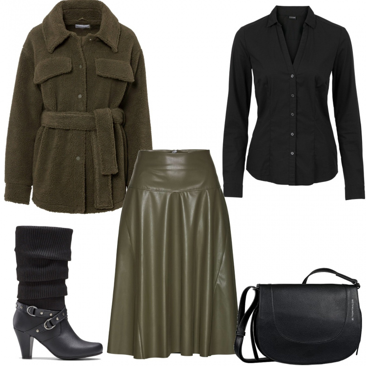 Outfit donna - La gonna verde. Stile Vintage retrò per Serata fuori. Abbinamento con camicie, stivali, gonne longuette, giacche, borse a tracolla.