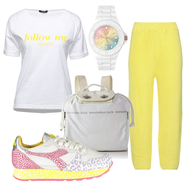 Outfit donna - Sabato di primavera. Stile Sporty chic per Tutti i giorni. Abbinamento con pantaloni, t-shirt, sneakers, orologi, zaini.