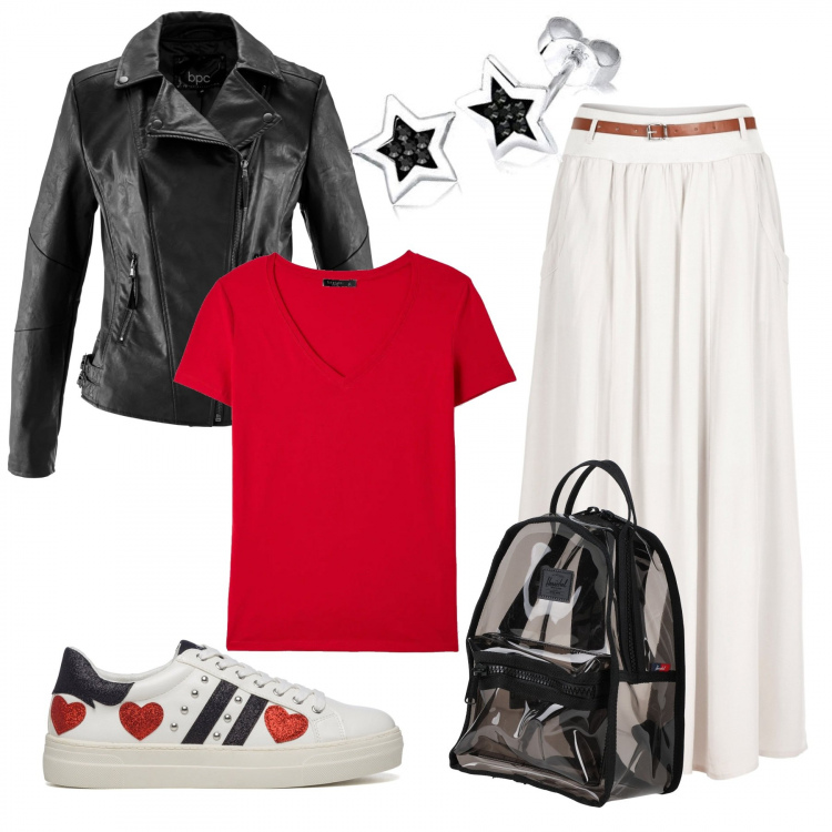 Outfit donna - Super trendy a primavera. Stile Casual chic per Tutti i giorni. Abbinamento con blazer, gonne lunghe, zaini, t-shirt, sneakers, orecchini.