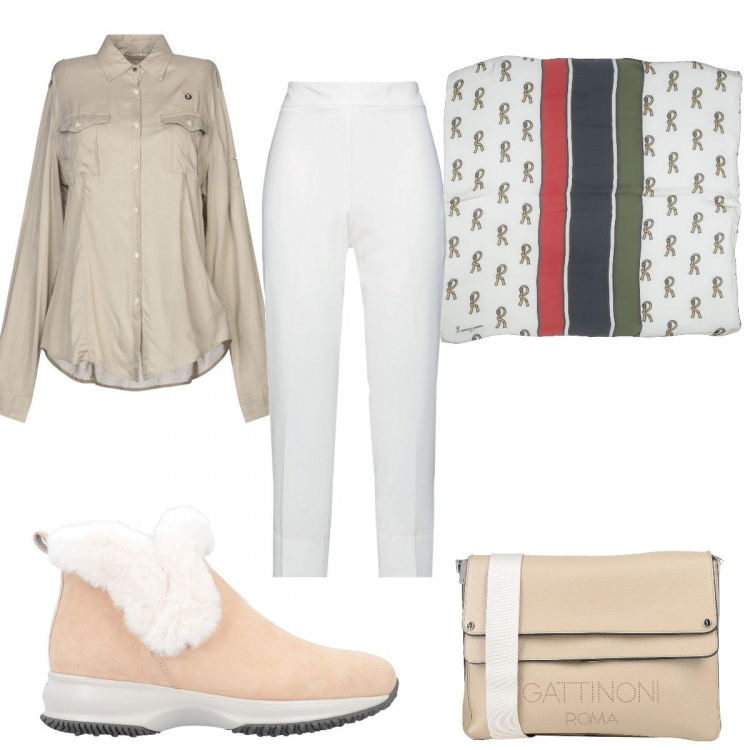 Outfit donna - Un foulard in primavera. Stile Casual chic per Tutti i giorni. Abbinamento con stivaletti, pantaloni, camicie, borse a tracolla, sciarpe.