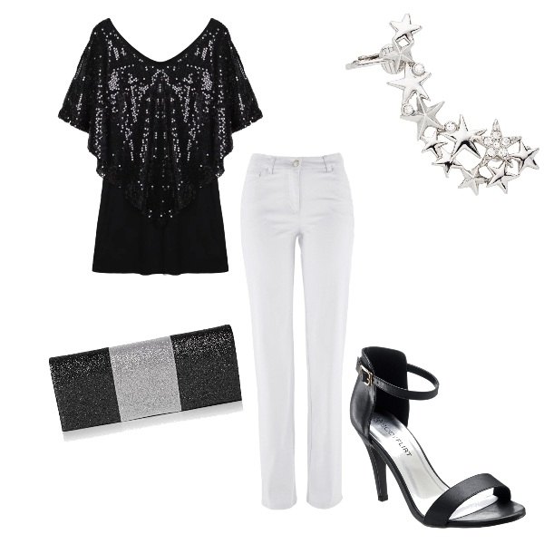 Outfit donna - Polvere di stelle. Stile Sexy per Serata fuori. Abbinamento con pantaloni, sandali col tacco, bluse, maglia con paillettes, pochette nero.