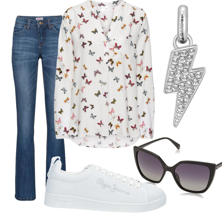 Outfit donna - Farfalle. Stile Casual per Scuola/Università. Abbinamento con bluse, jeans bootcut, sneakers, occhiali, occhiali da sole.
