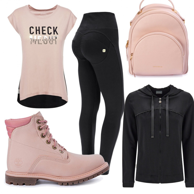 Outfit donna - Comodità. Stile Sporty chic per Tutti i giorni. Abbinamento con stivaletti, zaini, pantaloni skinny, t-shirt, felpe con cappuccio.