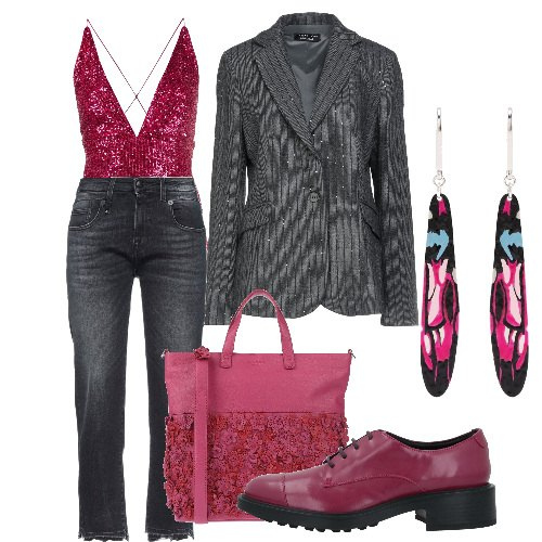 Outfit donna - Mannish con paillettes. Stile Mannish per Serata fuori. Abbinamento con scarpe stringate, blazer, borse a mano, jeans dritti, top, orecchini.