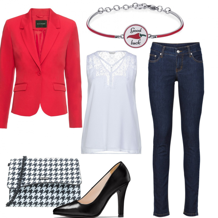 Outfit donna - In ufficio. Stile Casual chic per Ufficio. look ideale per Petite. Abbinamento con jeans skinny, blazer, décolleté, top, borse a tracolla, braccialetti.