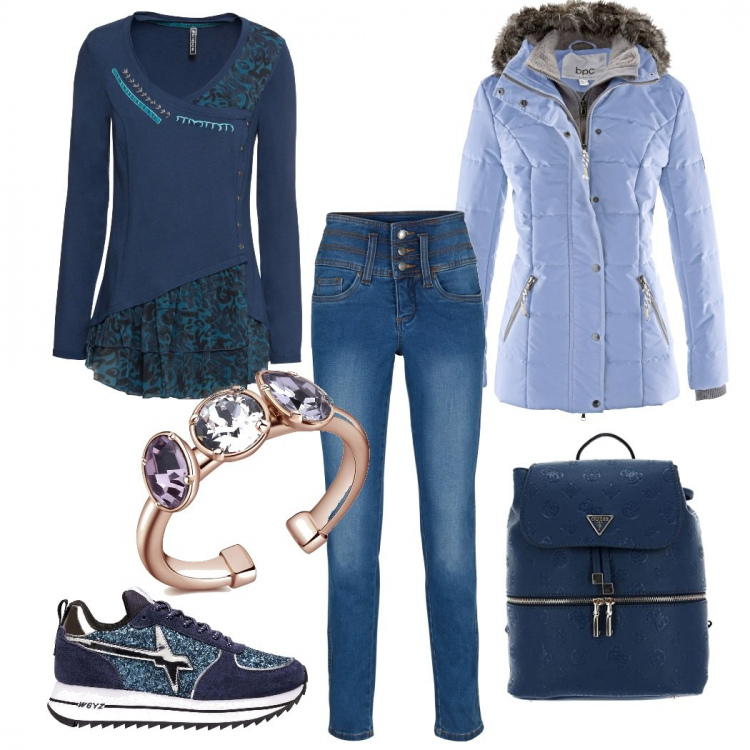 Outfit donna - Sporty chic #935. Stile Sporty chic per Tutti i giorni. Abbinamento con piumini, maglieria, jeans, sneakers, anelli, zaini.