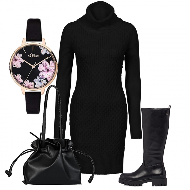 Outfit donna - È tempo di fiori. Stile Minimal per Tutti i giorni. Abbinamento con vestiti, stivali, shopping bag, orologi analogici.