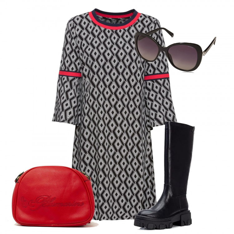 Outfit donna - Sabato in pizzeria. Stile Casual chic per Serata fuori. Abbinamento con vestiti, borse a tracolla, stivali, occhiali da sole.