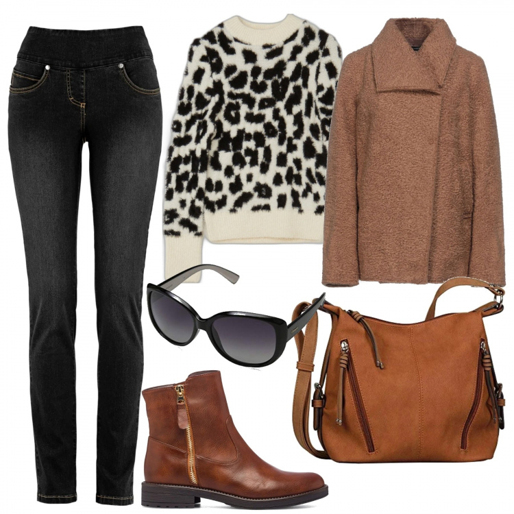 Outfit donna - Trendy con budget friendly. Stile Trendy per Tutti i giorni. Abbinamento con jeans, cappotti, maglieria, stivaletti, borse a tracolla, occhiali da sole.