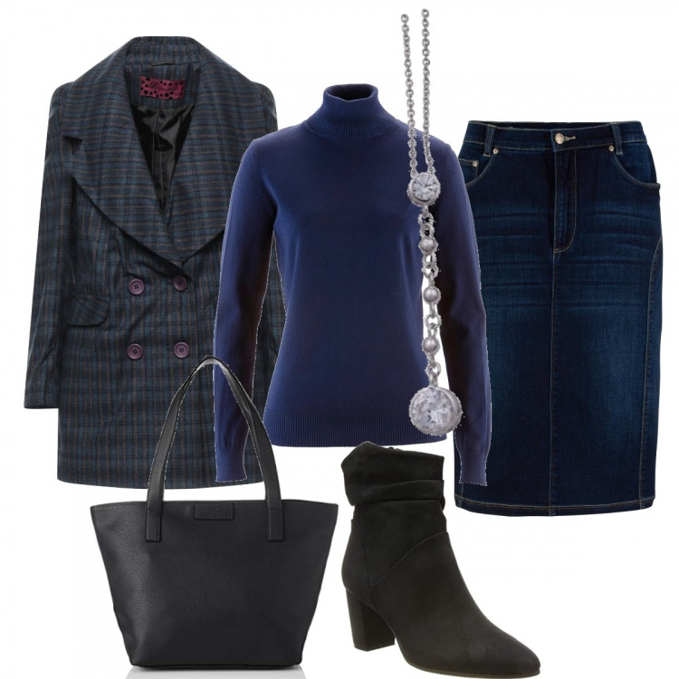 Outfit donna - Il Dolcevita Blu. Stile Casual per Tutti i giorni. Abbinamento con maglieria, gonne, cappotti, ciondoli, stivaletti, shopping bag.