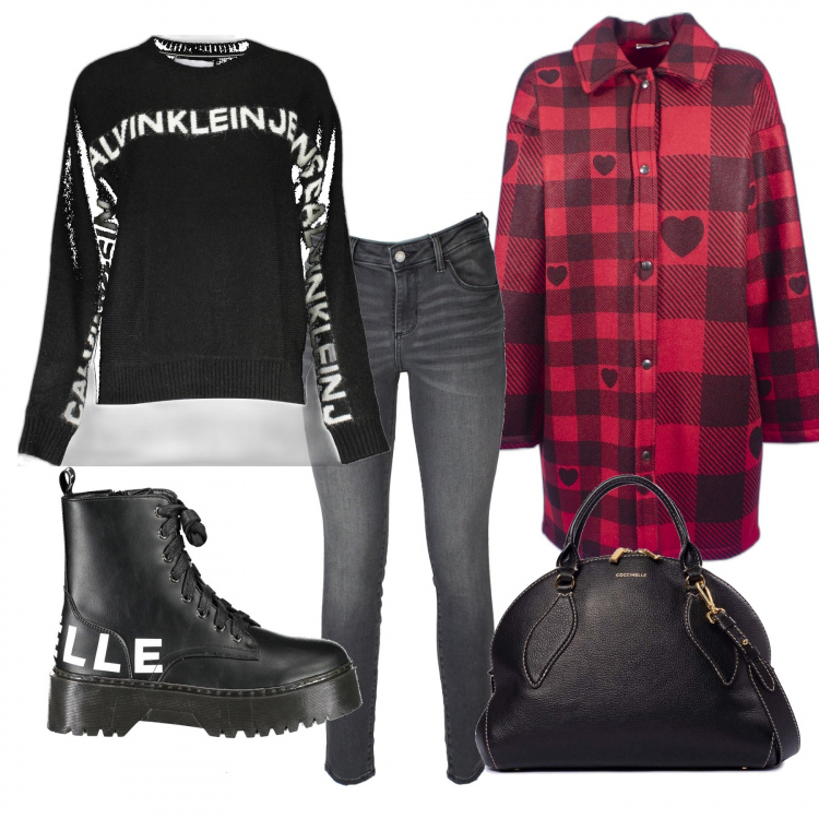 Outfit donna - Sabato mattina. Stile Casual per Tutti i giorni. Abbinamento con borse a tracolla, cappotti, jeans skinny, maglieria, anfibi.