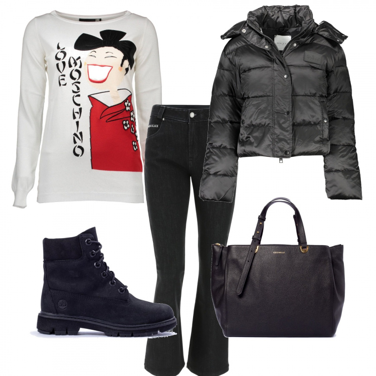 Outfit donna - Love Moschino. Stile Casual per Tutti i giorni. Abbinamento con borse a spalla, stivaletti, jeans a zampa, giacche, maglieria.
