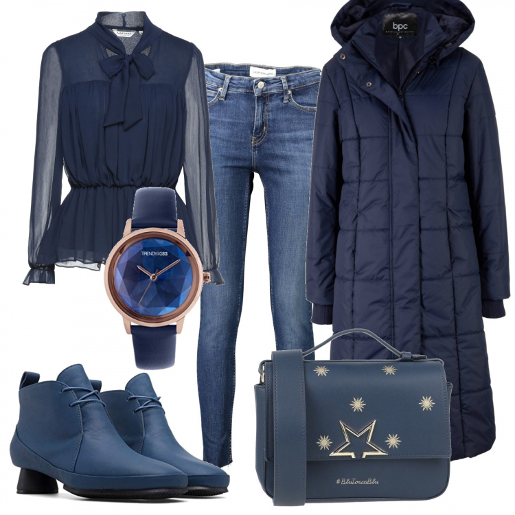 Outfit donna - Nel blu dipinto di blu. Stile Casual chic per Tutti i giorni. Abbinamento con blazer, bluse, borse a mano, stivaletti, jeans skinny, orologi.