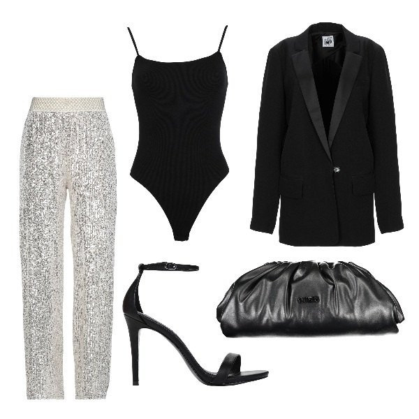 Outfit donna - Una serata scintillante. Stile Sexy per Serata fuori. Abbinamento con pantaloni, blazer, body, sandali col tacco, pochette.