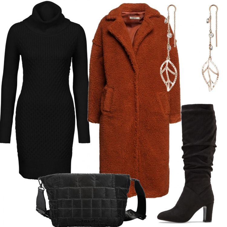 Outfit donna - Minimal #429. Stile Minimal per Ufficio. Abbinamento con vestiti, stivali sopra il ginocchio, cappotti, orecchini, pochette.