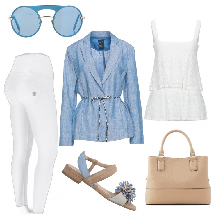 Outfit donna - Casual..chic!. Stile Casual chic per Tutti i giorni. Abbinamento con sandali in pelle, blazer, top, occhiali da sole, pantaloni skinny, borse a mano.