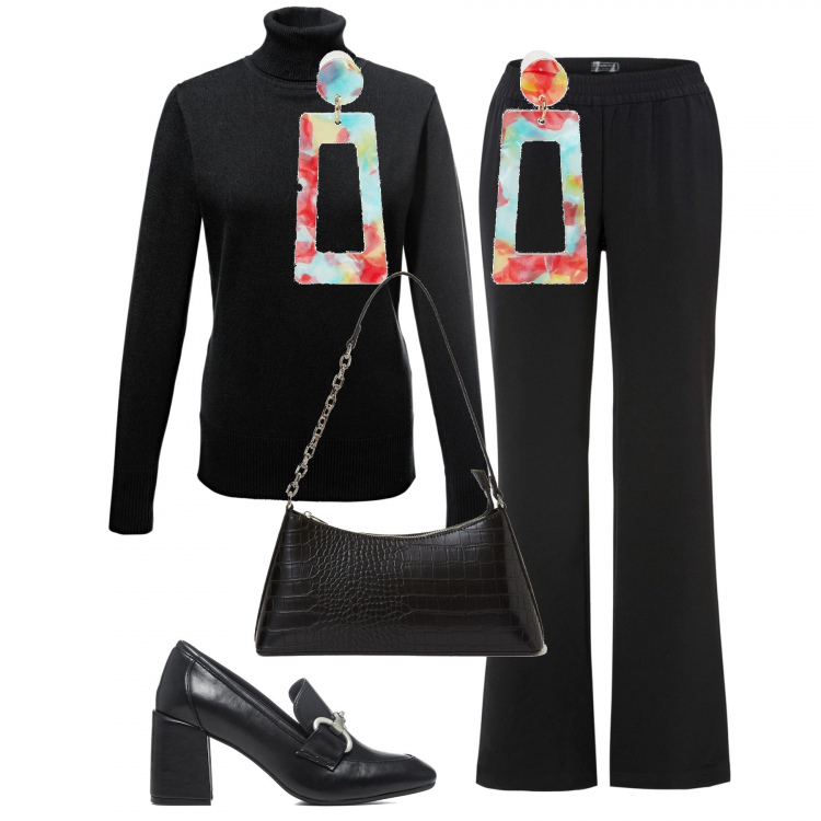 Outfit donna - Curvy Total black Low Cost. Stile Minimal per Ufficio. Abbinamento con maglieria, pantaloni, orecchini, borse a spalla, mocassini.