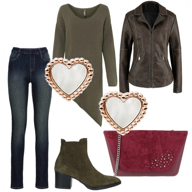 Outfit donna - Casual chic #4490. Stile Casual chic per Tutti i giorni. Abbinamento con maglieria, jeggings, blazer, borse a tracolla, stivaletti, orecchini.
