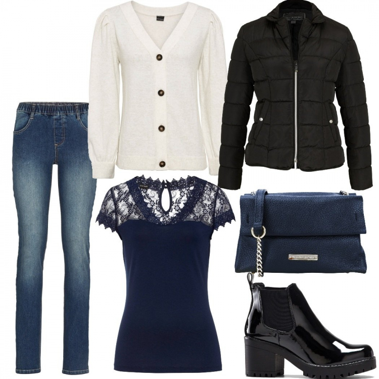 Outfit donna - Casual #4604. Stile Casual per Ufficio. Abbinamento con borse a tracolla, jeggings, maglieria, maglieria, cardigans, stivaletti.